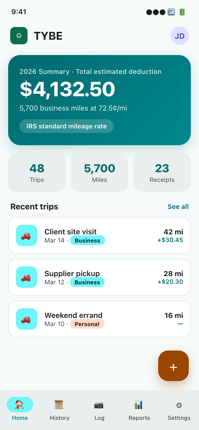 TYBE dashboard showing estimated deduction