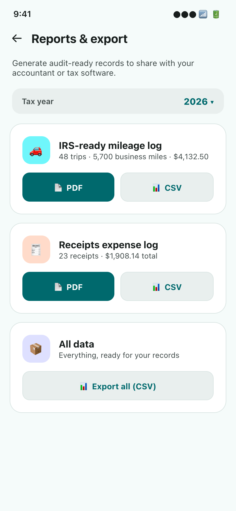 TYBE reports and export screen